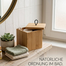 Lade das Bild in den Galerie-Viewer, Wattepadspender Bambus 9 cm Bad Organizer Braun mit Deckel kosmetik Aufbewahrungsbox